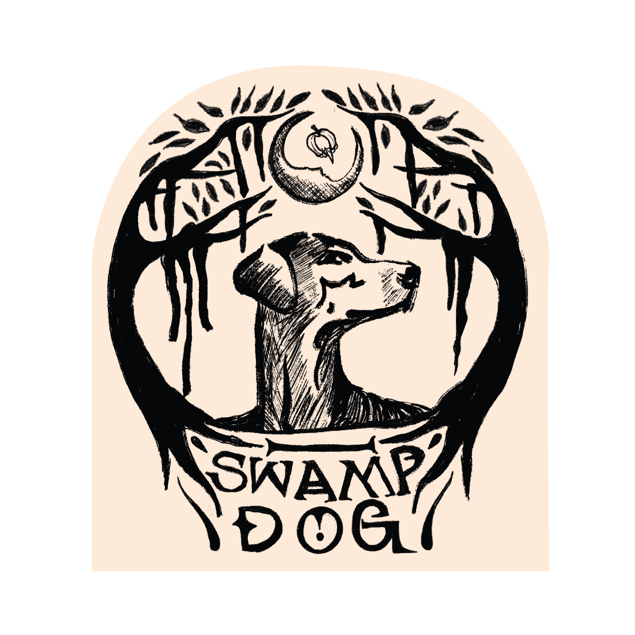 Swamp Dog hot sauce logo: a dog beneath a moon and trees, above the words Swamp Dog